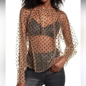 NWOT Topshop Balloon Sleeve Flocked Dot Mesh‎ Top Size 6
